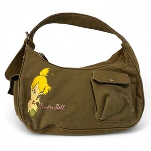 Disney Tinker Bell Y2K Green Canvas Shoulder Bag Handbag Purse Silver Hardware